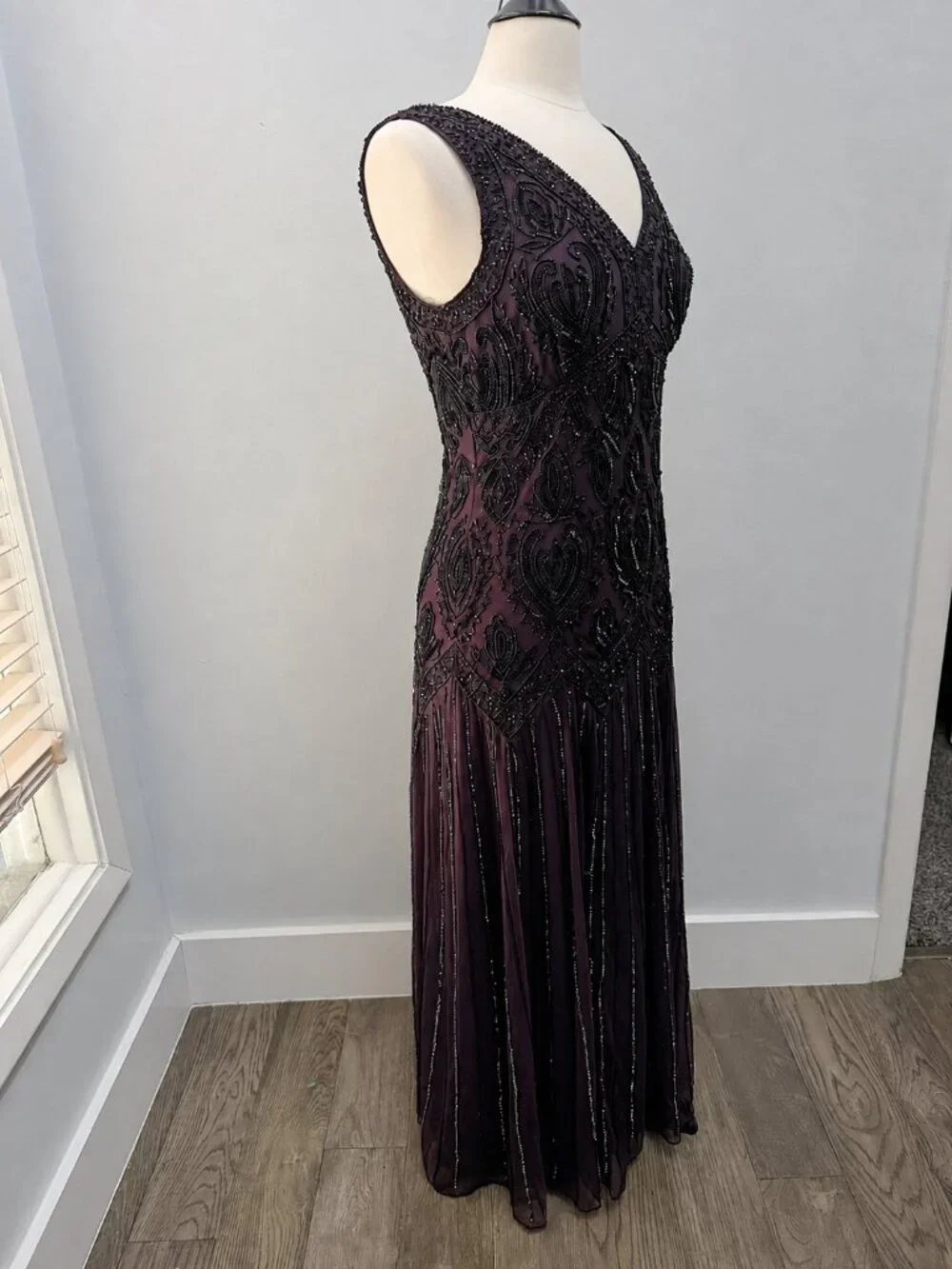 12P Plum Beaded Sequin Maxi Dress & Bolero Jacket Formal Flapper 20s Art Deco